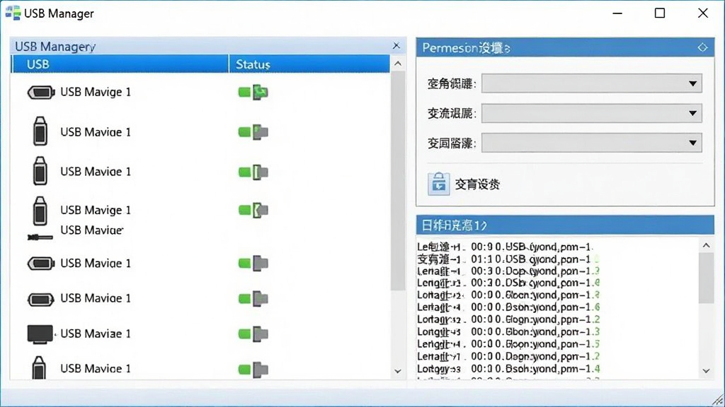 USB Manager ����������ȫòչʾ����������Ϊ�������ڣ������ʾUSB�豸�б���״̬ͼ�꣬�Ҳ�ΪȨ�������������־��¼�������岼�ּ������������������ɫ�����񣬴��ڱ�������ʾ 