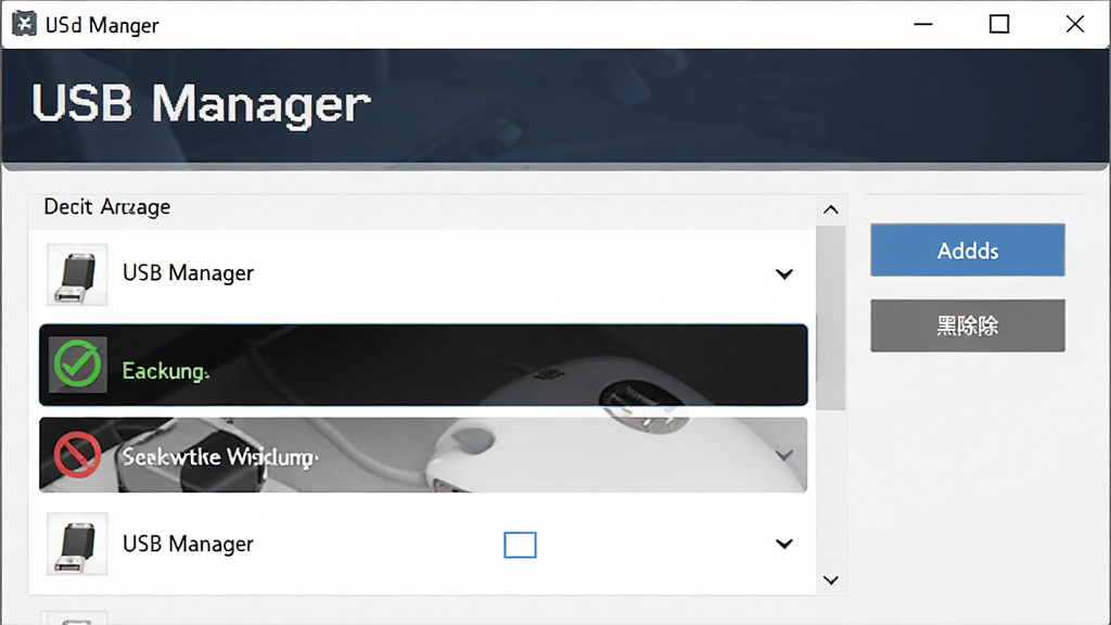 USB Manager ����������������ý��棬����չʾ���������е��豸�б��������豸���Ϊ��ɫ�Թ������������ֱ��Ϊ��ɫ��ֹ�������������Ҳ��������Ƴ���ť����������ˬ��Լ����Ļ����ʾ 