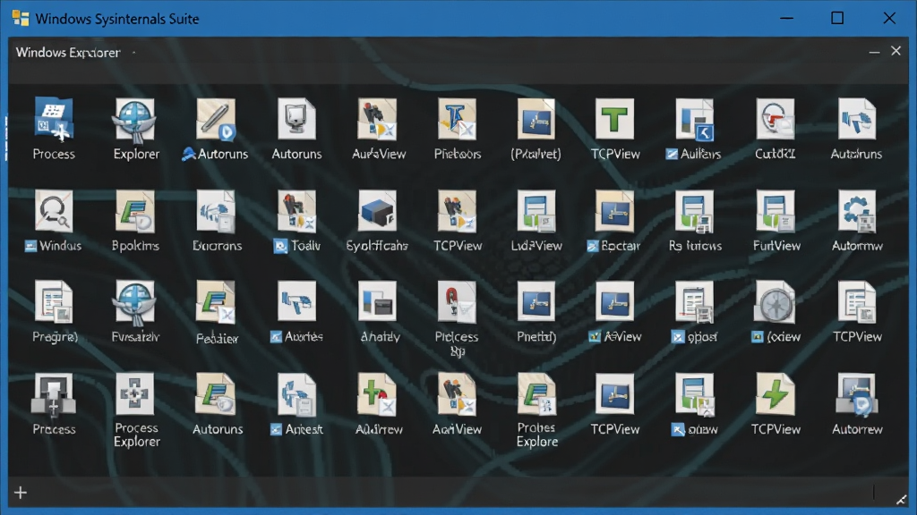 һ��չʾ Windows Sysinternals Suite ���߼�ȫò��ͼƬ������������һ����ɫ�������ļ��д��ڣ�����������������ʮ����ִ���ļ�ͼ�꣬�� Process Explorer��Autoruns��TCPView �ȡ������Ϸ��б�����д�� 