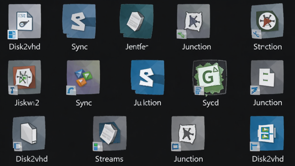 һ��չʾ Windows Sysinternals Suite �ж������ͼ���ͼƬ����������һ����ɫ����������ɢ���� Disk2vhd��Sync��Streams��Junction �ȹ��ߵ�ͼ�꣬ÿ��ͼ���·��ж�Ӧ�����Ʊ�ǩ��ͼ����Ϊ΢���ִ���ƽ����ƣ�ɫ�����������廭�ʸɾ����޶���Ԫ�ء�