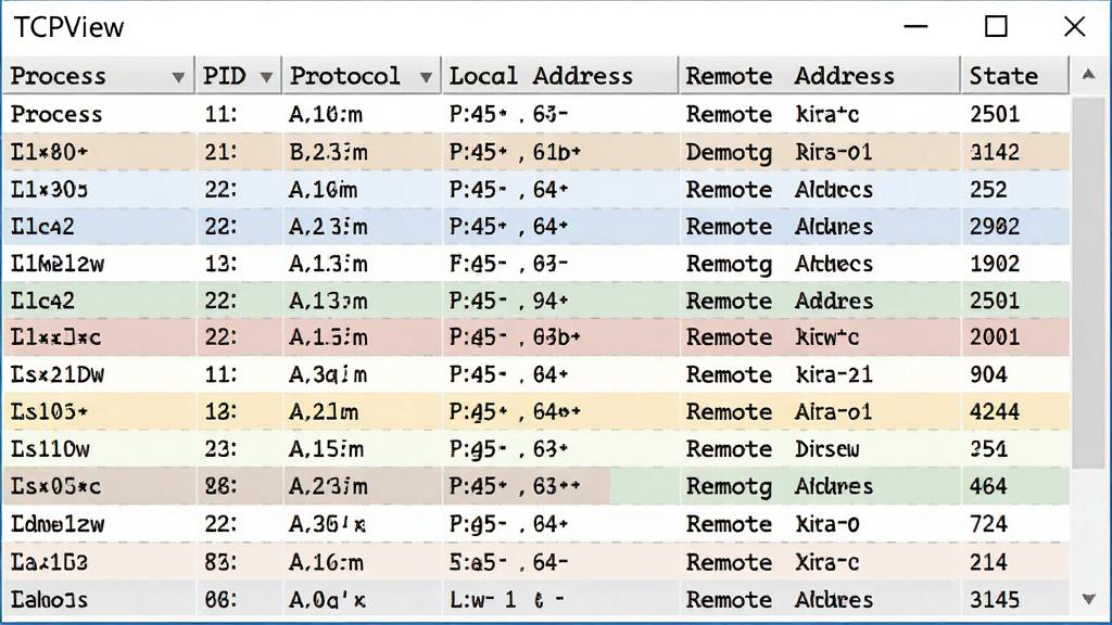 һ��չʾ TCPView ���������ͼƬ����������һ���������� Process��PID��Protocol��Local Address��Remote Address��State ���ֶΣ����������Բ�ͬ��ɫ����״̬������Ϊ��ɫ����������Ϊ�ȿ����壬�����ֱ�ۡ������������޶���Ԫ�ء�