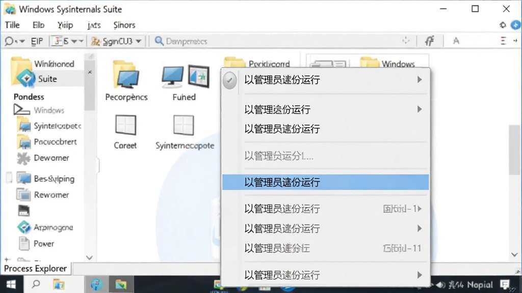 һ��չʾ�û��Թ���Ա�������� Windows Sysinternals Suite �� Process Explorer ��ͼƬ����������һ���Ҽ��˵���������ʾ���Թ���Ա�������С�ѡ��������ļ��д��ڡ����Ϊ Windows 10 ǳɫ���⣬�����������޶���Ԫ�ء�