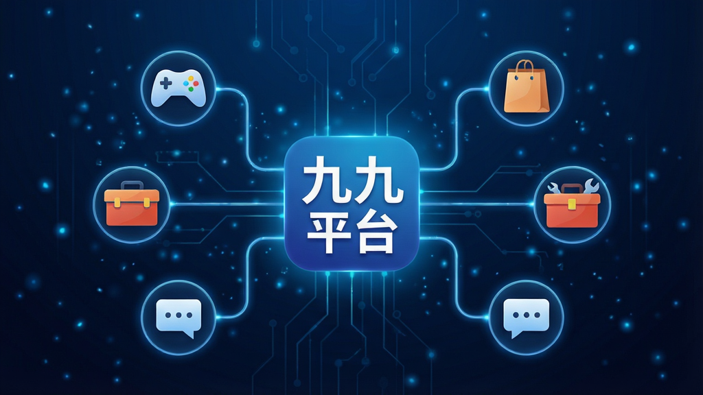 一张以“九九平台”为核心的一站式服务概念图,画面中心是“九九平台”应用图标,四周延伸出游戏手柄、购物袋、工具箱、聊天气泡等图标,由发光线条连接,象征多功能整合。背景为深蓝色科技风格,带有微光粒子效果,排版居中对称,风格现代简洁,画质高清,干净无多余元素。