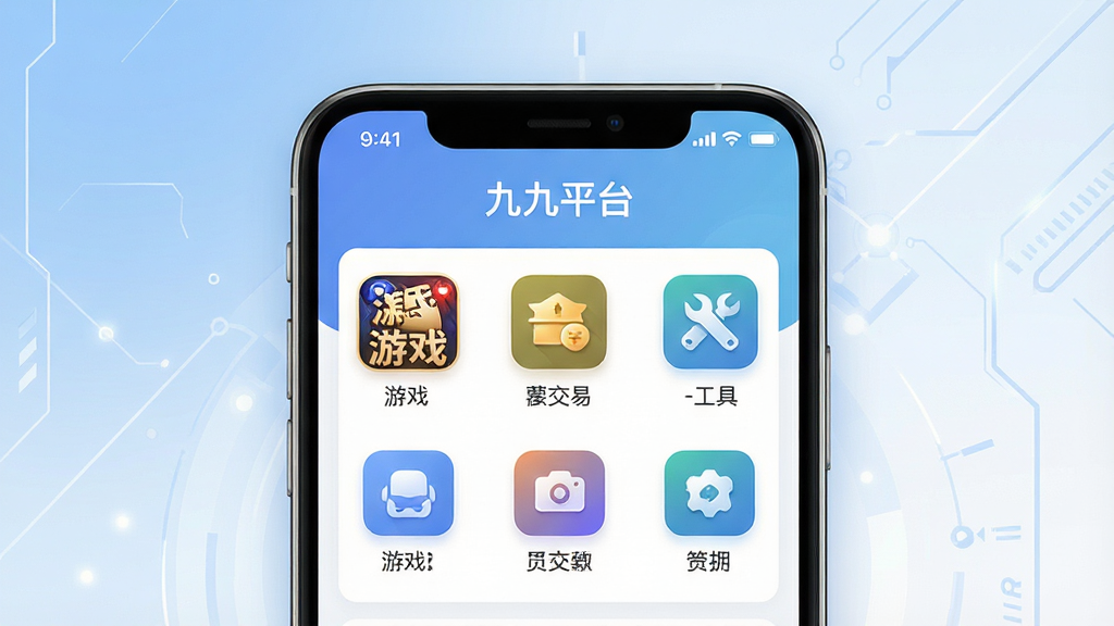 一张展示“九九平台”移动端应用首页界面的横版宣传图,画面中央是一部现代智能手机,屏幕内呈现“九九平台”应用的主界面,包含游戏、交易、工具等多个功能入口图标,布局清晰整洁。背景采用柔和的蓝白渐变色调,搭配科技感的几何线条装饰,整体风格简洁现代。细节上突出手机屏幕的高清显示效果与应用图标的精致设计,画质清晰,干净无多余元素,适合作为软件下载站的展示配图。