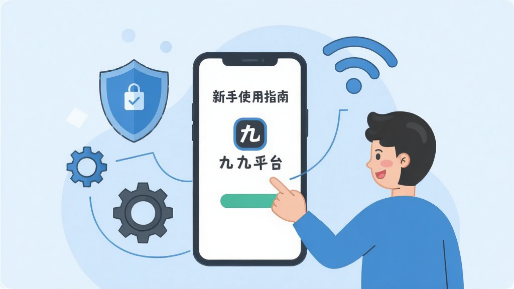 一张以“九九平台”新手使用指南为主题的插画,画面中央是一部手机显示“九九平台”安装界面,旁边有一位卡通人物手指屏幕,周围环绕着盾牌、齿轮、Wi-Fi信号等图标,象征安全设置与操作提示。背景为浅蓝色,风格扁平化,排版简洁,画质清晰,干净无多余元素。