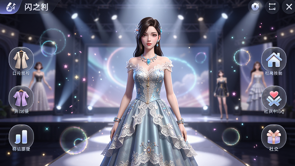 ������֮����Ϸ������ȫ��չʾ�����������Ǿ��µ�3DŮ�Խ�ɫ�����������վ�ھ۹���£��������貵�ʱ����̨����ҫ�ĵƹ�Ч�������ܻ������³�����԰���罻�ȹ���ͼ�꣬����ͻ�������־��У��Ű����������Ϊ3D������Ψ��дʵ��ϸ�ڰ�����װ����˿�������鱦�Ĺ����䡢��̨�Ĺ������ӣ�����Ϊ�����壬�ɾ����޶���Ԫ��