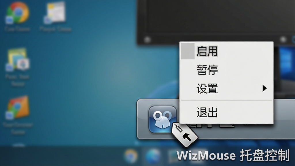 һ��ϵͳ���̿���ʾ��ͼ���������½���ʾϵͳ��������WizMouse ͼ�걻����Ҽ�����������˵�����