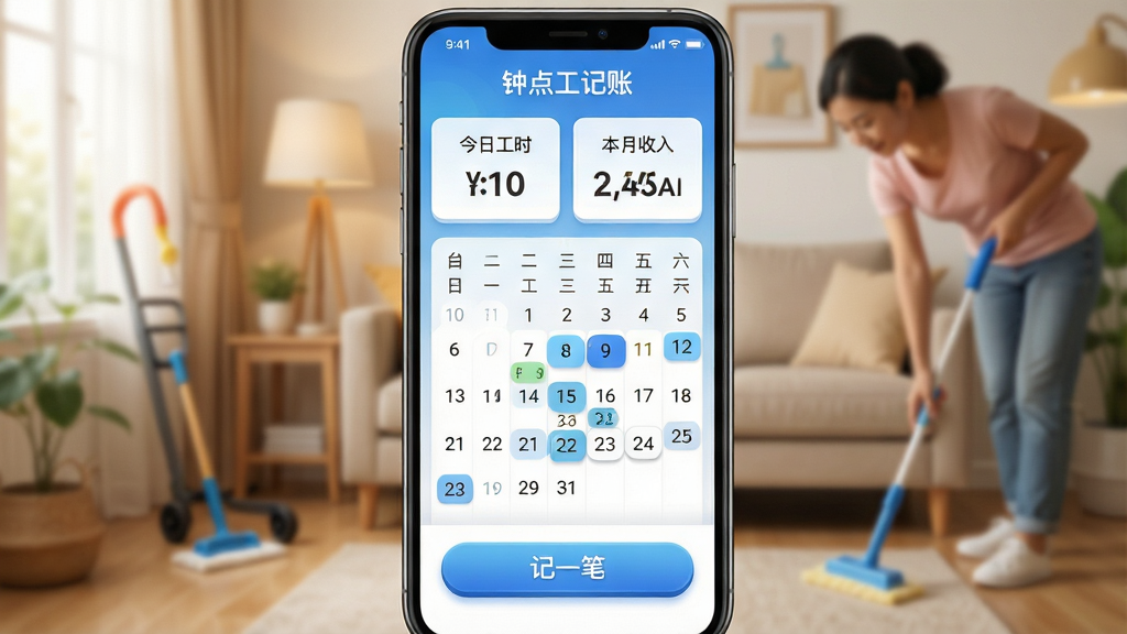 һ���ֻ���Ļ��д������������ʾ���ӵ㹤���ˡ�APP�����棬���沼�������������С����չ�ʱ�����������롱���ݿ�Ƭ���в���������ͼ����˹������ڣ��ײ��С���һ�ʡ���ť������Ϊ��ܰ�ļ�ͥ���ೡ���黯����������ͻ���ֻ���Ļ�����Ϊдʵ�Ƽ��磬ϸ�ڰ���������������ť������С���ɫ�������׽��䡣���ʸ��壬�ɾ����޶���Ԫ�ء�