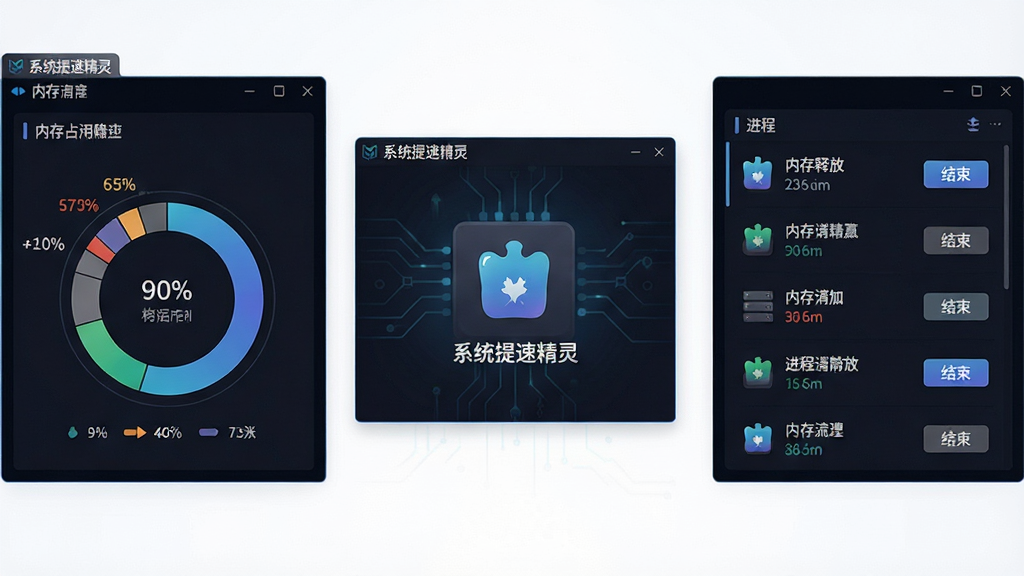 一张内存优化功能示意图,画面中心为系统提速精灵的内存释放面板,左侧显示内存占用圆形图表,右侧为进程列表,每个进程旁有“结束”按钮,布局为左右分栏,风格为深色科技风,细节上包含软件名称文字“系统提速精灵”,画面干净,画质为高清,无多余元素