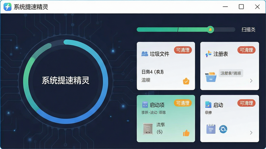 一张软件功能展示图,画面主体为系统提速精灵的智能扫描界面,左侧是扫描进度环,右侧列出垃圾文件、注册表、启动项等分类卡片,每个卡片上有“可清理”标签,布局为上下结构,上方为扫描进度,下方为分类列表,风格为扁平化科技风,细节上包含软件名称文字“系统提速精灵”,画面干净整洁,画质为高清,无多余元素