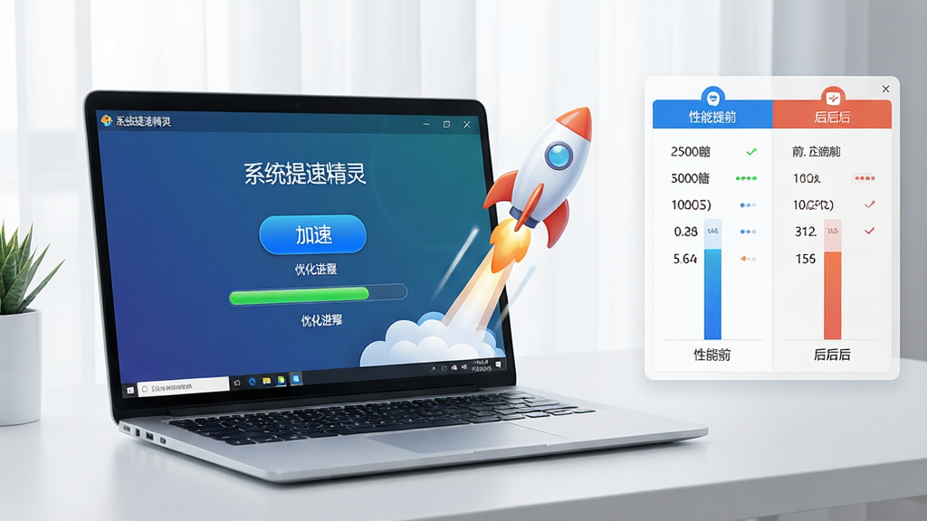 一张电脑桌面场景的写实图片,画面中央是一台打开的笔记本电脑,屏幕上显示着系统提速精灵软件界面,界面中有加速按钮和优化进度条,周围有火箭升空的动态效果图标,右侧是电脑性能提升前后的对比数据面板,整体布局为左右结构,左侧为电脑主体,右侧为数据展示,排版简洁清晰,风格为现代科技感写实风,细节上包含软件名称文字“系统提速精灵”,画面干净明亮,画质为4K高清,无多余元素