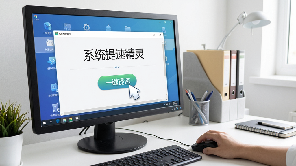 一张电脑系统优化操作场景图,画面主体为一只手握着鼠标点击屏幕上的“一键提速”按钮,屏幕上显示系统提速精灵界面,背景为整洁的办公桌面,布局为居中构图,风格为写实生活风,细节上包含软件名称文字“系统提速精灵”,画面干净明亮,画质为高清,无多余元素
