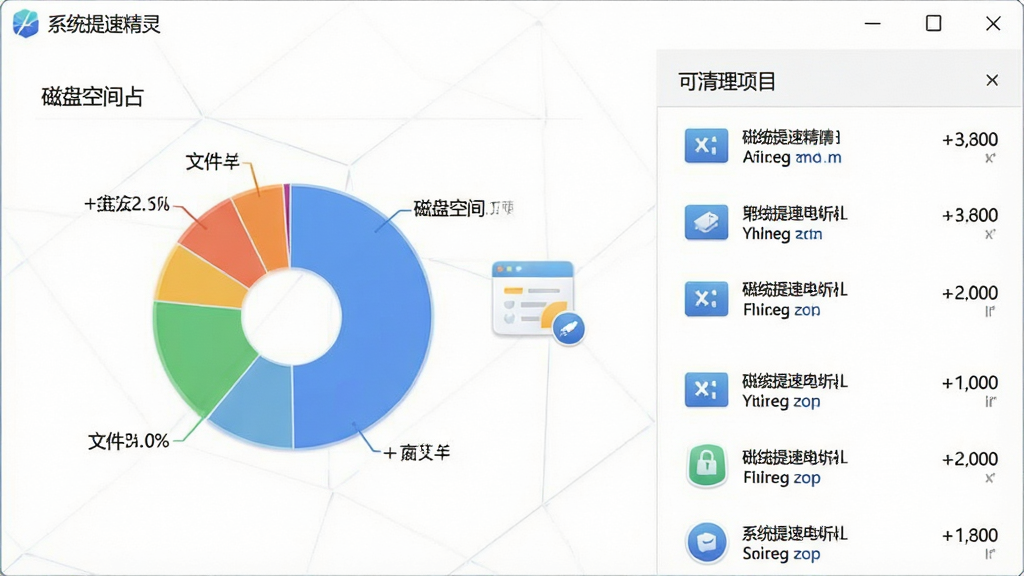 一张磁盘清理功能展示图,画面中心为系统提速精灵的系统瘦身界面,左侧为磁盘空间占用饼图,右侧为可清理项目列表,每项标注文件大小,布局为左右结构,风格为简约白色调,细节上包含软件名称文字“系统提速精灵”,画面干净,画质为高清,无多余元素