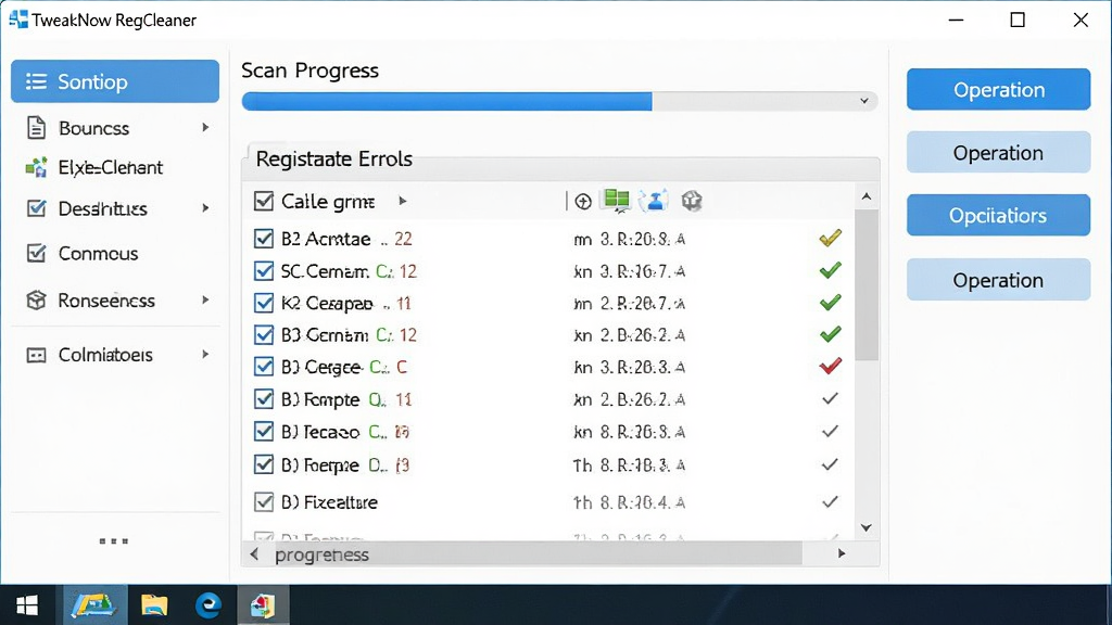 TweakNow RegCleaner ���������ͼ������Ϊ Windows �����ϵ����������ڣ�����������ʾɨ���������ע�����������б������Ϊ���ܵ��������Ҳ�Ϊ������ť�����Ű��������࣬���Ϊ�ִ���ƽ������ UI��ϸ�ڰ�����ɫ������ť����ѡ��״̬ͼ�꣬�����������ɾ����޶���Ԫ��