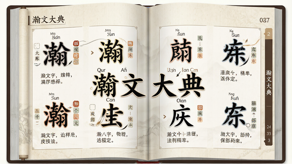 һ��չʾ��Ĵ�人���ֿ⹦�ܵ�Ԥ��ͼ������������һ��չ���ľ޴���Ӵʵ䣬�ʵ�ҳ��������������ĺ�����Ŀ��ÿ�������Ա�עƴ�������壬ҳ�汳��Ϊ���ŵ�������������ֲ������ҷ����Ű棬���Ϊ�ŵ����ִ���ϵ�ѧ�����ϸ�ڰ������ֱʻ����������ױ�ע��ҳ�������ȣ����������ɾ����޶���Ԫ�أ����������ֱ�ע����Ĵ�䡱��