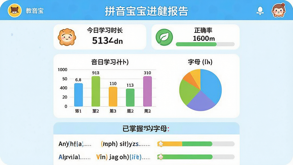 一张展示拼音宝宝学习进度记录功能的图片,画面主体是拼音宝宝软件的学习报告页面,页面上方有今日学习时长和正确率的数字展示,中间有柱状图和饼状图展示学习数据,下方有已掌握拼音字母的列表,布局采用从上到下的信息层级,排版清晰展示数据可视化,风格是简洁的儿童教育软件数据界面风格,细节包括彩色图表、卡通图标装饰、进度条,画质高清,画面干净,无多余元素