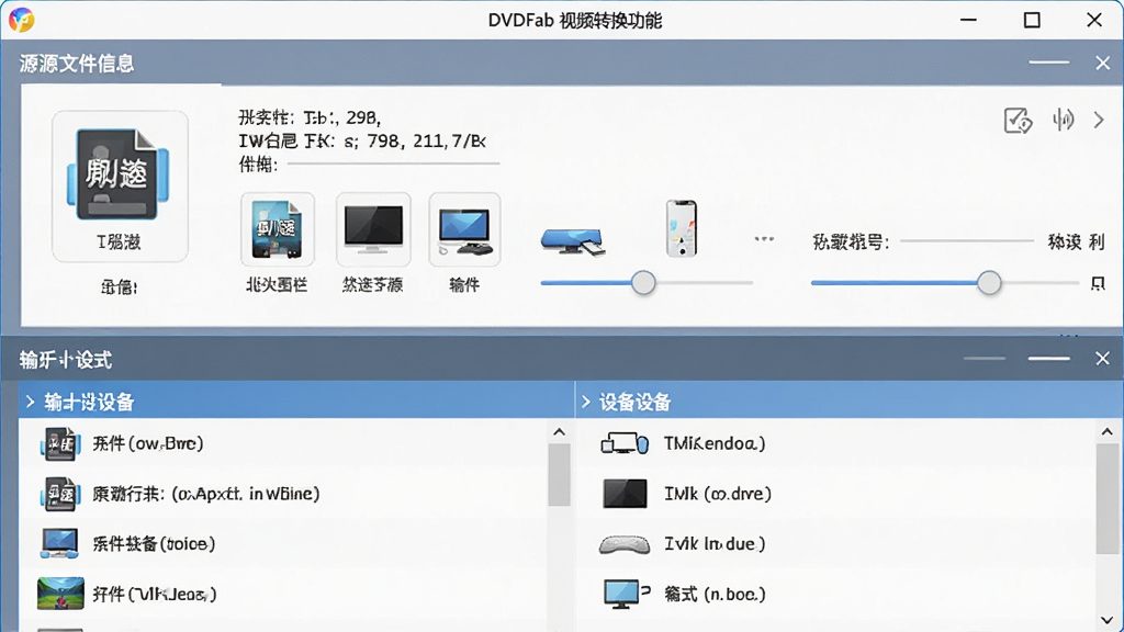 DVDFab ��Ƶת������չʾ������Ϊ����ת��������壬�����Ϸ�ΪԴ�ļ���Ϣ���·�Ϊ�����ʽ���豸�б����Ű������ֲ㣬���Ϊ��ƽ����ƣ�ϸ�ڰ�����ʽͼ�ꡢ�豸ͼ�ꡢ�������ڻ��飬���ʸ��壬�ɾ��޶���Ԫ��