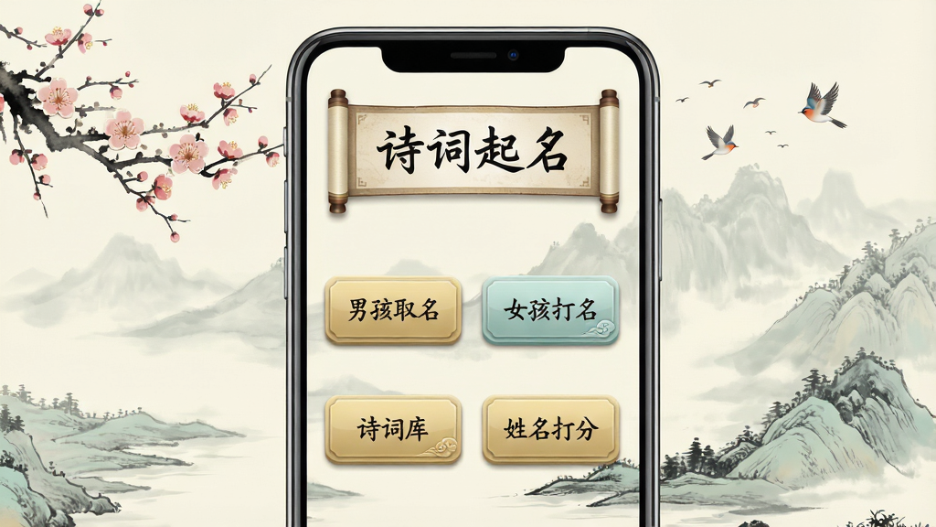 一张展示诗词起名软件核心界面的图片,画面中央是打开的手机屏幕,屏幕内显示诗词起名APP的主页,上方有古典卷轴风格的标题栏写着“诗词起名”,下方排列着“男孩取名”“女孩取名”“诗词库”“姓名打分”四个功能入口按钮,背景为淡雅的水墨山水画风格,点缀几枝梅花与飞鸟,整体色调以米白、淡青、浅金为主,风格为中国风古典雅致,细节上按钮有轻微立体感,文字清晰可辨,画质高清干净,无多余元素