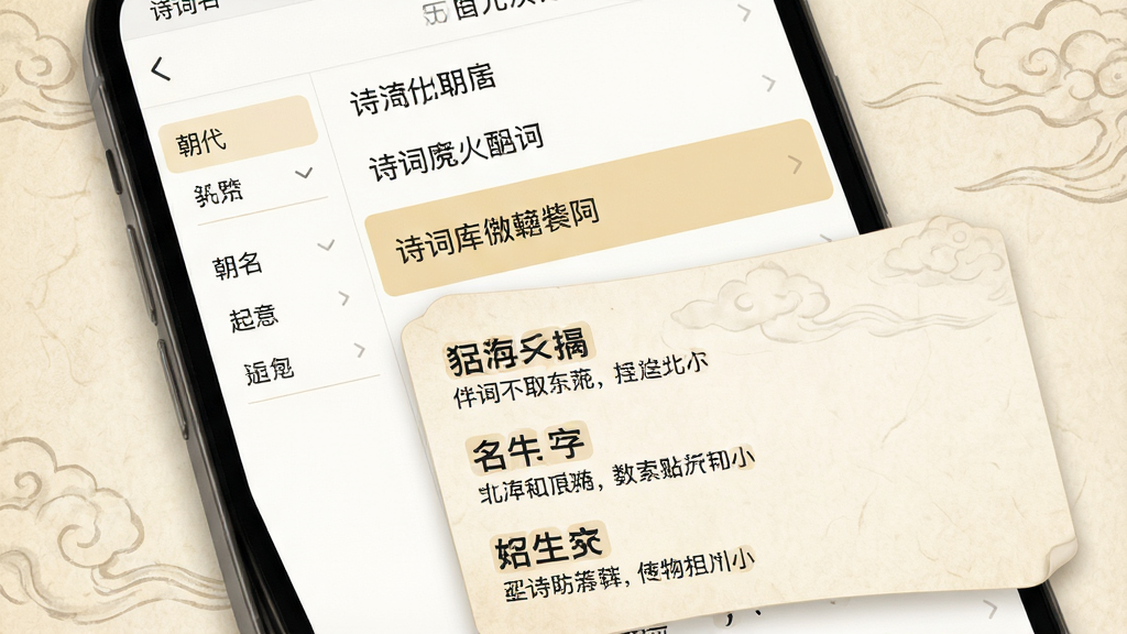 一张展示诗词起名软件诗词库检索功能的图片,画面为手机屏幕特写,屏幕内显示诗词起名APP的诗词库页面,左侧有朝代筛选栏,右侧为诗词列表,其中一首诗被高亮选中,下方弹出取名推荐浮窗,浮窗内列出三个名字方案并标注出处诗句,屏幕背景为浅米色仿古纸纹,整体布局清晰,风格古典简约,画质高清干净,无多余元素