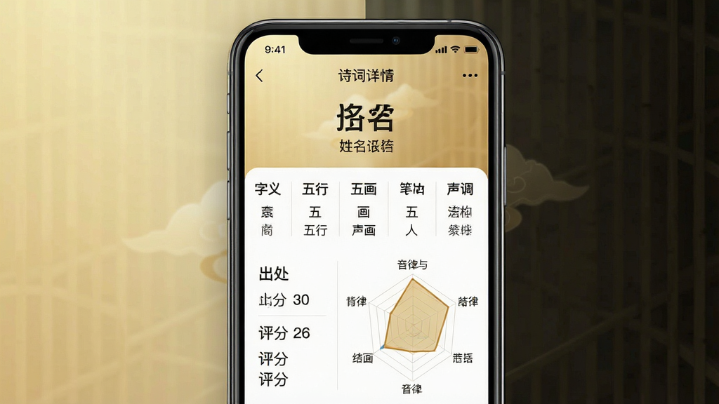 一张展示诗词起名软件姓名解析报告的图片,画面为手机屏幕,屏幕内显示诗词起名APP的姓名详情页,页面上方是名字大字展示,下方分栏列出字义、五行、笔画、声调、出处、评分等信息,配有雷达图展示音律与结构评分,背景为淡金色渐变,风格商务典雅,排版清晰,画质高清干净,无多余元素