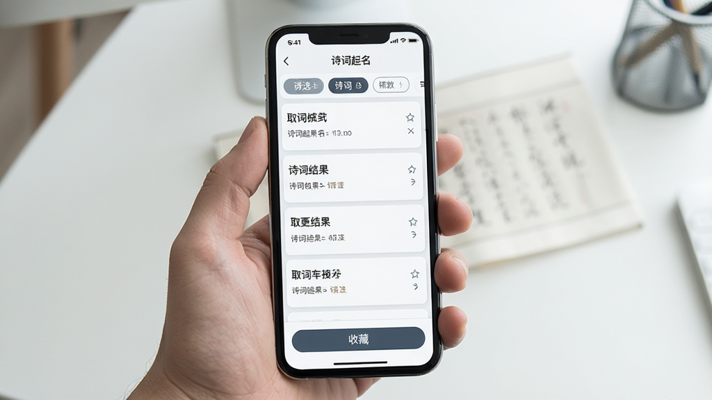 一张展示诗词起名软件在手机上运行流畅界面的图片,画面为手持手机,屏幕内显示诗词起名APP的取名结果列表,列表项清晰,顶部有筛选条件标签,底部有收藏按钮,手机背景为简洁桌面,整体风格真实自然,画质高清干净,无多余元素
