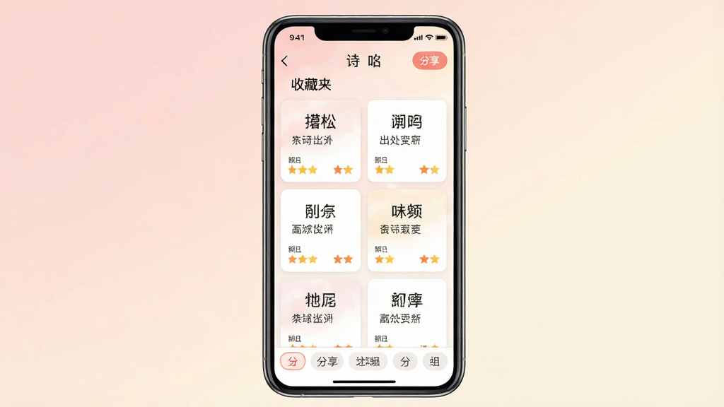 一张展示诗词起名软件收藏与分享功能的图片,画面为手机屏幕,屏幕内显示诗词起名APP的收藏夹页面,页面中排列着多张名字卡片,每张卡片上有名字、出处和评分,顶部有分享按钮,底部有分组标签,背景为淡粉色与米白渐变,风格温馨柔和,排版整齐,画质高清干净,无多余元素