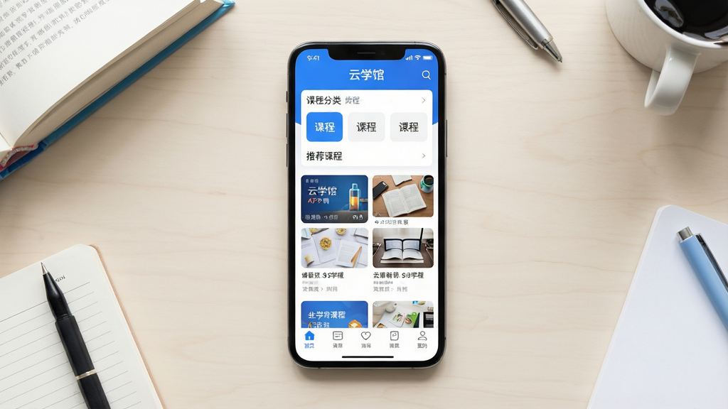 һ��չ����ѧ��APP�������ȫò��ͼƬ������Ϊһ�������ֻ�����Ļ����ʾ��ѧ��Ӧ�ó������ҳ�������γ̷��ർ�����Ƽ��γ̿�Ƭ�͵ײ��˵���������Ϊ�ֻ����з�����ǳɫ���汳���ϣ���Χ�������鱾���ľߵ�׺���Ű��������ֻ���Ļ����ռ�ȴ󡣷��Ϊ�ִ���Լ�Ƽ��磬ɫ������ɫ�Ͱ�ɫΪ�������ɾ�������ϸ������Ļ�����������ɱ棬��ʾ����ѧ�ݡ������Ϳγ�����ͼ������Ϊ����4K������ɾ����޶���Ԫ�ء�