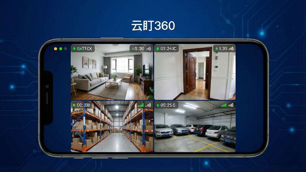 һ��չʾ�ƶ�360����������Ĳ�Ʒ��ͼ���ͼƬ����������Ϊ�ֻ���Ļ����Ļ����ʾ�Ĺ���ʵʱ��ػ��棬�������п������ſڡ��ֿ⡢ͣ�����ĸ���������Ļ�Ϸ��С��ƶ�360�����ֱ�ʶ������Ϊ����ɫ�Ƽ��н��䣬����Ϊ���жԳ��Ű棬���Ϊ�ִ�����UIչʾ���ϸ�ڰ���״ָ̬ʾ�ơ�ʱ������ź�ͼ�꣬���������ɾ����޶���Ԫ��