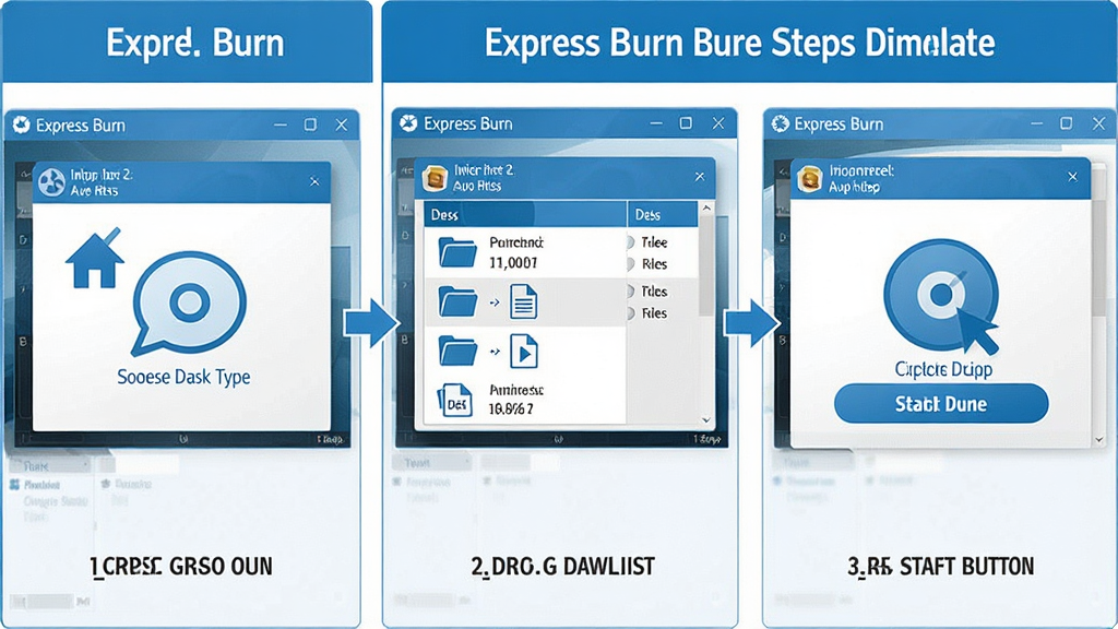 һ��չʾ Express Burn ��¼���������ʾ��ͼ�������Ϊ�����������򣬵�һ����ʾѡ��������ͣ��ڶ�����ʾ��ק�ļ�����¼�б�����������ʾ�����ʼ��¼��ť��ÿ���������м��ͼ�������ֱ�ע��Express Burn ��������Ԫ�عᴩ���У�������Ϊ��Ϣͼ���磬��ɫ����ɫ�Ͱ�ɫΪ������������ֱ�ۣ����ʸɾ����壬�޶���Ԫ��