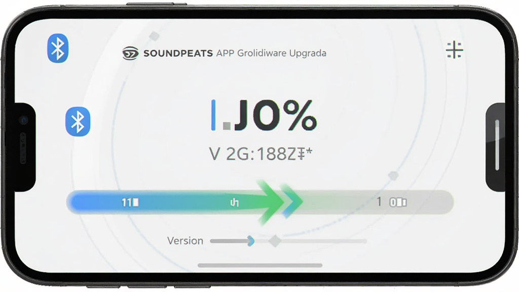һ��չʾSOUNDPEATS APP�̼����������ͼƬ������Ϊ�ֻ���Ļ��ʾ�̼�����������������Ϊ�ֻ����У���Ļ��չʾ�������ȰٷֱȺͰ汾�ŶԱȣ��Ű����½ṹ�����Ϊ��ƽ���Ƽ����ϸ�ڰ�������ͼ�ꡢ������ͷ�����Ͱ汾�����֣����ʸ���ɾ��޶���Ԫ��