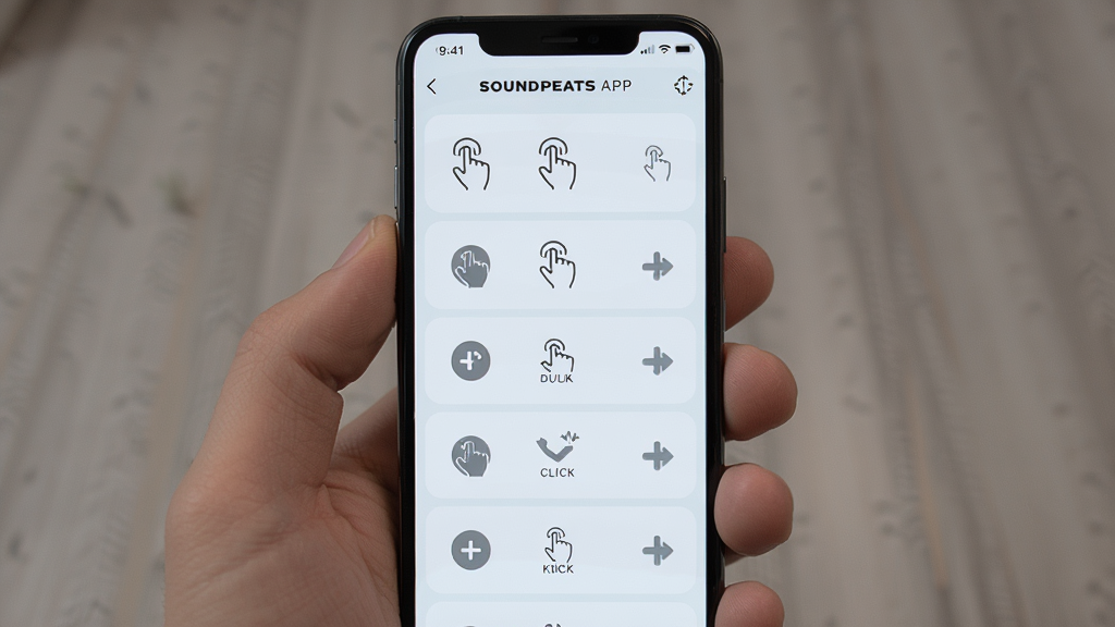 һ��չʾSOUNDPEATS APP�����Զ������ý����ͼƬ������Ϊ�ֻ���Ļ��ʾ�������������б�������Ϊ�ֻ����У���Ļ��չʾ����˫������������Ӧ�Ĺ���ͼ�꣬�Ű�Ϊ�б��ṹ�����Ϊ��ˬǳɫUI���ϸ�ڰ�������ʾ��ͼ�͹���ͼ�꣬���ʸ���ɾ��޶���Ԫ��