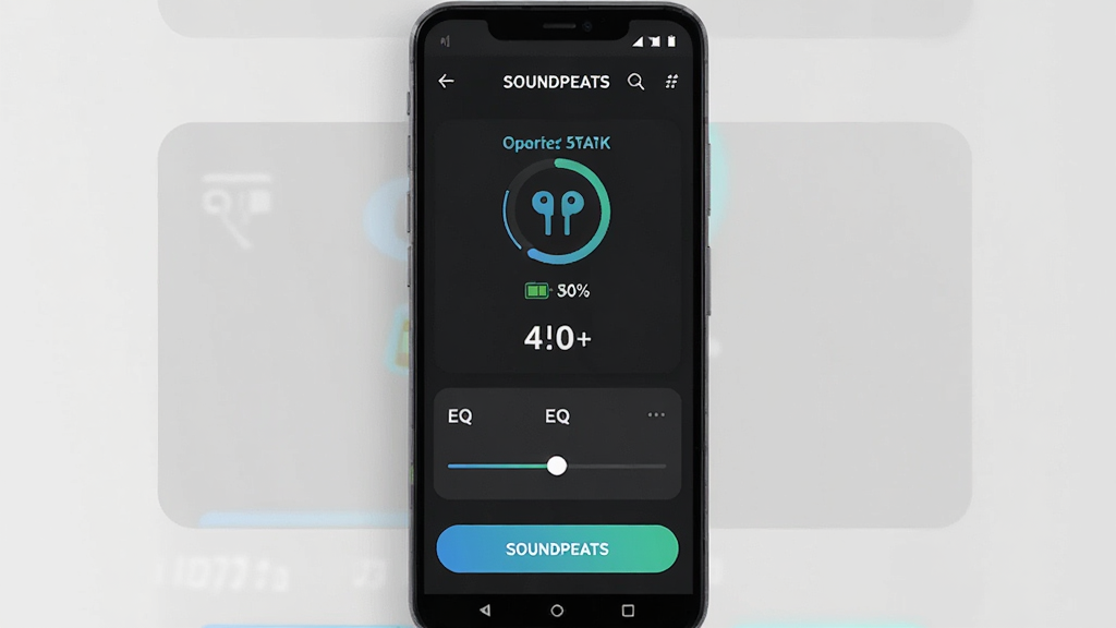һ��չʾSOUNDPEATS��������APP�����ͼƬ������Ϊһ����׿�ֻ���Ļ��ʾAPP�����棬����Ϊ�ֻ����з��ã���Ļ��չʾ��������״̬�������ٷֱȺ�EQ���ڻ��飬�Ű������������Ϊ�ִ��Ƽ���UI��ƣ�ϸ�ڰ�����ɫ������������ɫ���䰴ť������ͼ��͵����������ʸ���ɾ��޶���Ԫ��