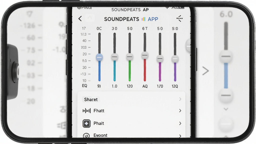 һ��չʾSOUNDPEATS APP���������ڽ����ͼƬ������Ϊ�ֻ���Ļ��ʾEQ���ڻ��飬����Ϊ�ֻ����У���Ļ��չʾ��Ƶ�λ����Ԥ����Ч�б����Ű����½ṹ�����Ϊ�ִ���ԼUI���ϸ�ڰ���Ƶ����ֵ��ע����ɫ�������Чͼ�꣬���ʸ���ɾ��޶���Ԫ��