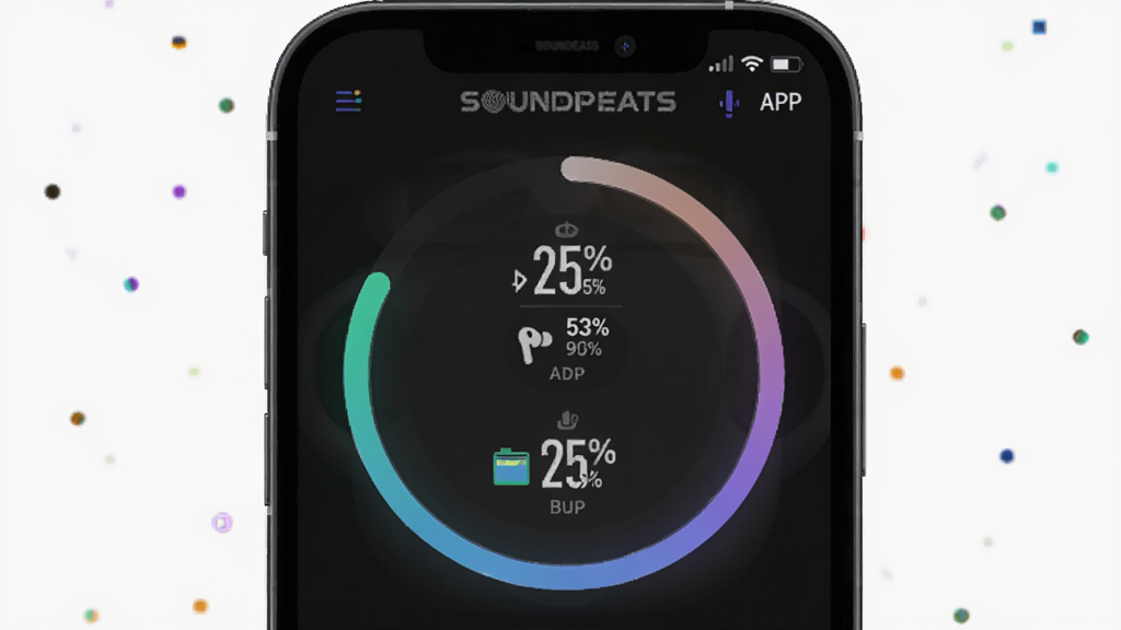 һ��չʾSOUNDPEATS APP������ؽ����ͼƬ������Ϊ�ֻ���Ļ��ʾ�����ͳ��ֵ�����������Ϊ�ֻ����У���Ļ��չʾ���������ٷֱȺͶ�Ӧͼ�꣬�Ű�Ϊ���β��֣����Ϊ��ɫ�Ƽ���UI���ϸ�ڰ�������������ɫ�Ͱٷֱ����֣����ʸ���ɾ��޶���Ԫ��