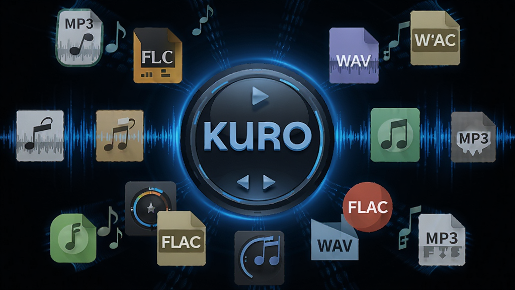 kuro���ֺ�ȫ��ʽ��Ƶ���ݹ���չʾ������Ϊ�����Ƶ��ʽͼ�껷�Ʋ��Ű�ť�����ֳʷ���״���У��Ű�����ͻ���������ƣ����Ƽ���ʮ�㣬ϸ�ڰ���MP3��FLAC��WAV�ȸ�ʽ��ʶ��������������ɫ��Ч�������������ɾ����޶���Ԫ��
