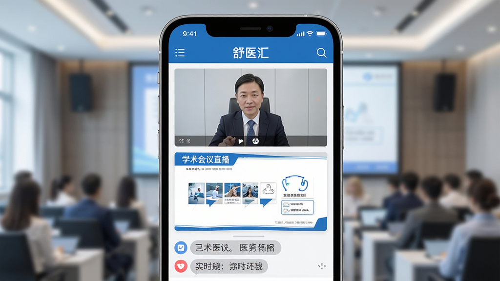 医药行业线上学术会议直播场景,主体为手机屏幕展示