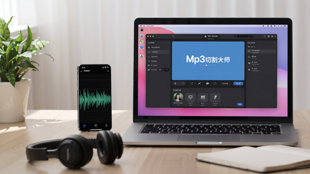 AI��ͼ������չʾһ̨�ʼǱ�������Ļ�ϵ�Mp3�и��ʦ�������棬�Ա߷���һ���ֻ���ʾ��Ƶ���Σ��������ж����ͱʼǱ����������������������ɾ�����