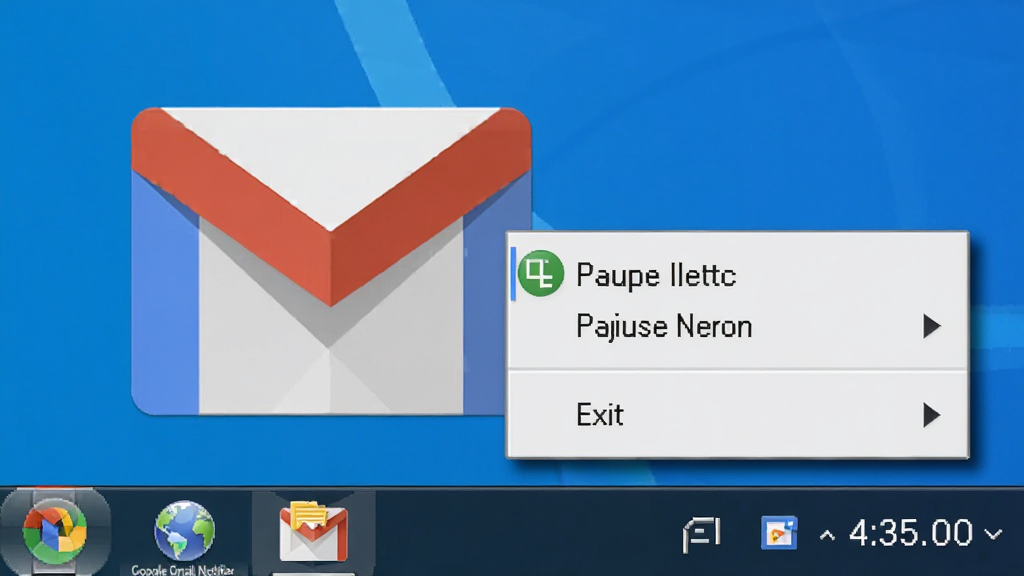 һ��չʾ Google Gmail Notifier ϵͳ����ͼ���ͼƬ�������� Windows ���������½�ϵͳ��������һ�������ɫ�� Gmail �ŷ�ͼ�������ɼ����Ա����Ҽ��˵�������ʾ���á���ͣ���ѡ��˳���ѡ�����Ϊ��������д�����Ϊдʵ��ͼ���ϸ�ڰ���������ͼ�ꡢʱ����ʾ�Ͳ˵���Ӱ�����ʸ��壬�ɾ����޶���Ԫ�ء�