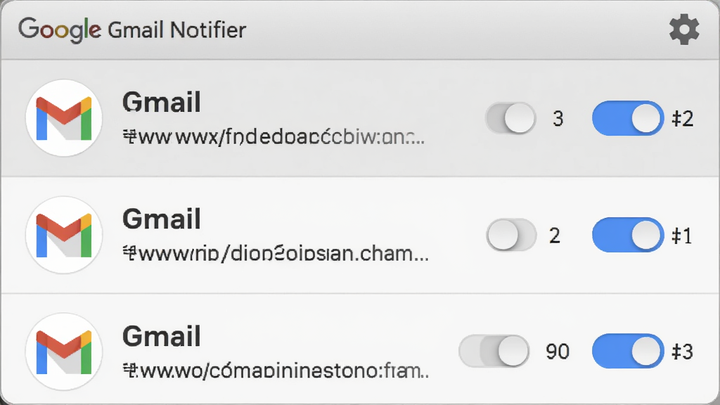 һ��չʾ Google Gmail Notifier ���˺Ź��������ͼƬ���������������ô��ڣ��������г�������ͬ�� Gmail �˺�ͷ��������ַ��ÿ���˺��Ա��п��ذ�ť��δ���ʼ�������ǡ�����Ϊ��ֱ�б��Ű棬���Ϊ��ˬ��ǳɫ���⣬ϸ�ڰ����˺�ͼ�ꡢ�ָ��ߺ����ó���ͼ�꣬���ʸ��壬�ɾ����޶���Ԫ�ء�