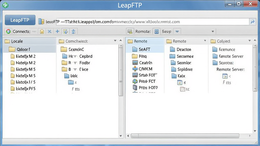һ��չʾ LeapFTP �����������Ԥ��ͼ������������˫��ʽ�ļ��������ڣ����Ϊ�����ļ����б����Ҳ�ΪԶ�̷�����Ŀ¼�����ڶ��������Ӱ�ť�͵�ַ������������ 