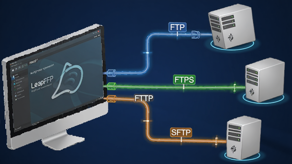 һ��չ�� LeapFTP ��Э�����ӹ��ܵ�ʾ��ͼ��������һ̨����ͨ��������ͬ��ɫ�����������ӵ����������ͼ�꣬ÿ�����ϱ�ע 