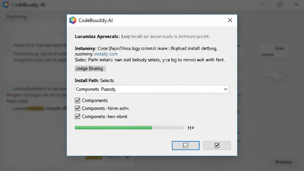 һ��չʾCodeBuddy.AI��װ�򵼽����ͼƬ�������ǰ�װ���򴰿ڣ�����Ϊ���жԻ����Ű��������Э�顢��װ·��ѡ�������ѡ�����Ϊ��లװ���棬ϸ�ڰ����������������ť����ѡ�򣬻����������ɾ����޶���Ԫ��
