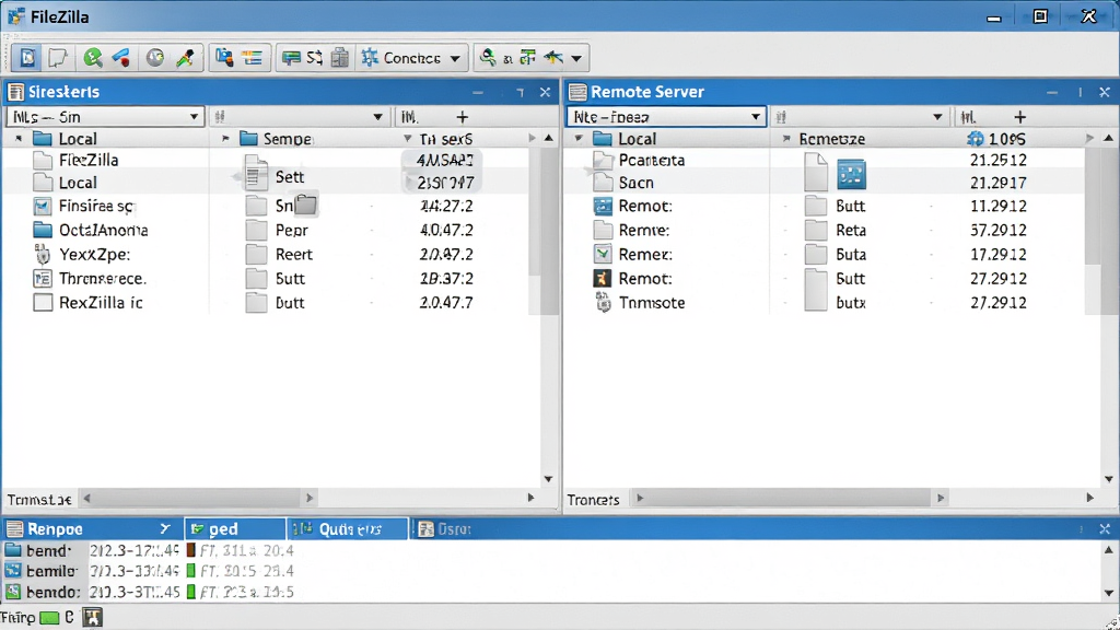 FileZilla �����������ͼ��չʾ�����ļ��б���Զ�̷������ļ��б�˫�����֣�����Ϊ�������ӹ��������ײ�Ϊ�������״̬������������רҵ����ɫ���ɫΪ��ɫ�������������ɾ����޶���װ��Ԫ�أ����廭��