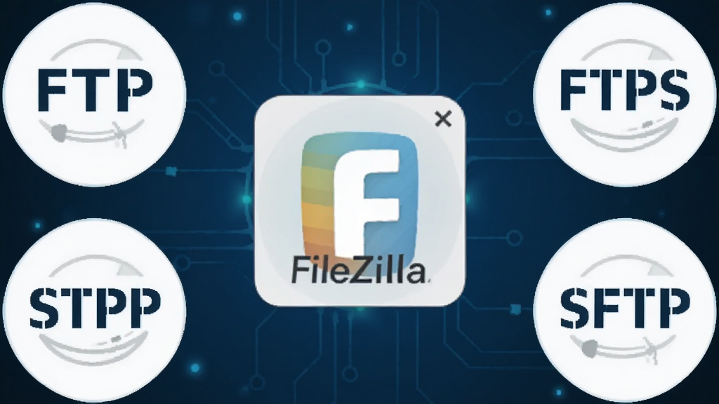 ��������Ϊ FileZilla ����ͼ���� FTP��FTPS��SFTP ����Э���ʶ�������У�����Ϊ����ɫ�Ƽ��н��䣬ͼ��������������ͼ�Գƾ��⣬������ִ����ɾ�������Ԫ�أ����廭��