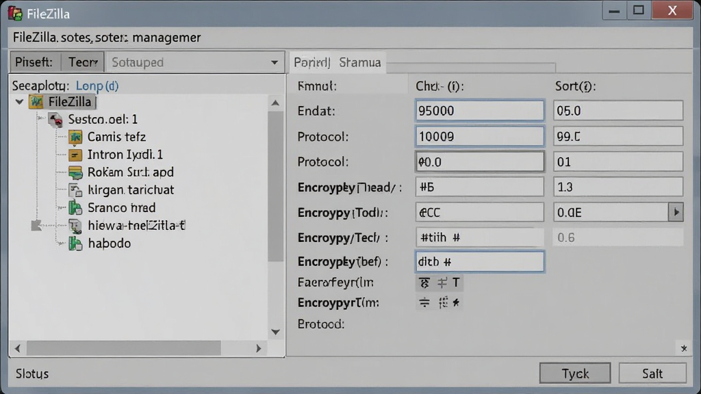 FileZilla վ��������Ի����ͼ�����Ϊվ���б����νṹ���Ҳ�Ϊվ����ϸ������壬�����������˿ڡ�Э�顢���ܷ�ʽ���ֶΣ����沼��������������ţ����廭��