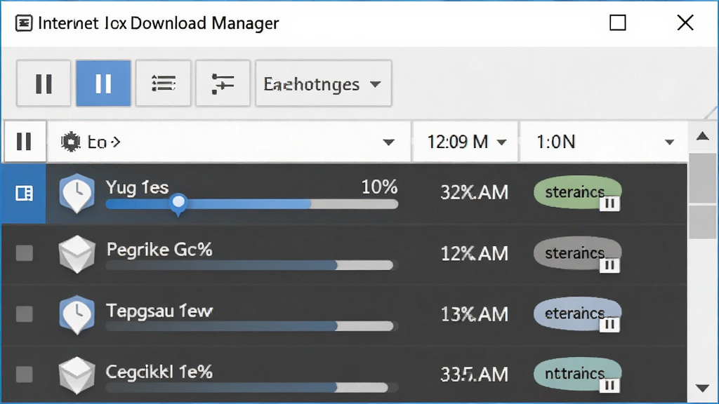 һ�ű���Internet Download Manager���й�����ϵ��������ܵĽ���ͼ������Ϊ���������б����ڣ�����Ϊ���½ṹ���Ϸ�Ϊ���п��ư�ť���·�Ϊ������Ŀ���Ű���������Ϊ�ִ��칫�����磬ϸ�ڰ�����ͣͼ�ꡢ���Ȱٷֱȡ�ʣ��ʱ�䡢�����ǩ����������������ɾ����޶���Ԫ��