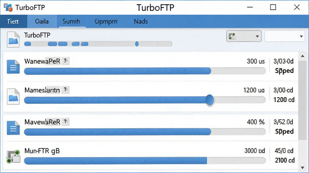 һ��չʾ TurboFTP ������й������ܵ�ͼƬ�������������������·������Ŷ�����������������ÿ����������ļ��������ȰٷֱȺ��ٶ���ʾ�����沼�ֽ��գ���ɫ������Ϊ������Ļ�Ϸ���ʾ 