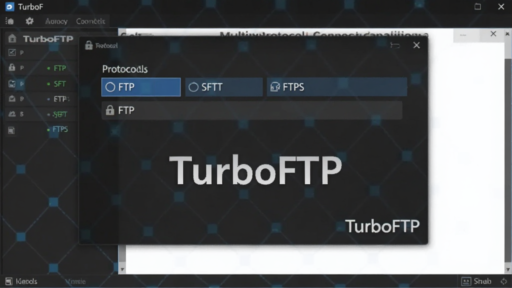 һ�ű��� TurboFTP ��Э������������ͼƬ���������������浯���������ô��ڣ�Э��ѡ�� FTP��SFTP��FTPS ��������ǩ��ʽ���У�����Ϊ��ɫ�Ƽ������񣬴�����������ͼ��������ܴ��䣬����������� 
