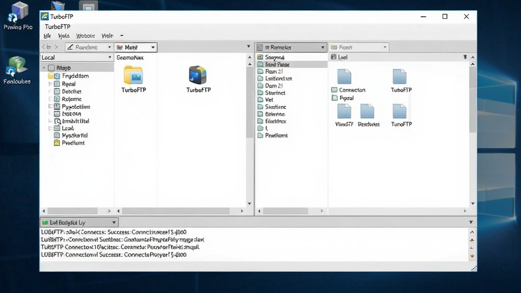 һ��չʾ TurboFTP �� Windows ����������ʱ�Ľ����ͼ���������������ڷ�Ϊ�������������Ϊ�����ļ��У��Ҳ�ΪԶ�̷������ļ����ײ���־�����ʾ���ӳɹ���Ϣ����Ļ�Ϸ��� 