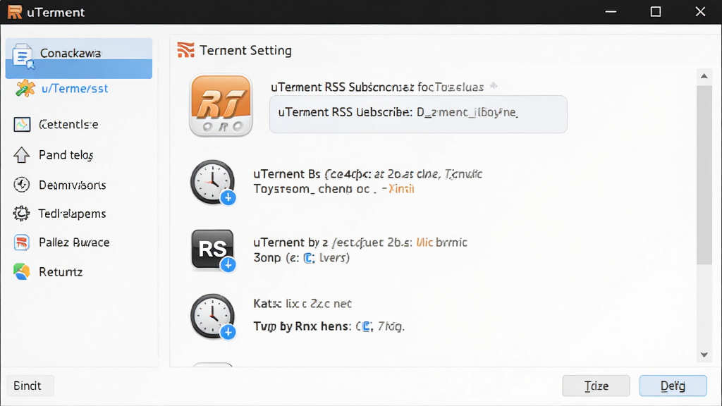 uTorrent RSS������ƻ��������ý��棬����Ϊ����������壬���ַ�Ϊ���˵����Ҳ�ѡ�������Ű����������Ϊ�����������ô��ڽ�ͼ��ϸ�ڰ���RSSͼ����ʱ��ͼ�꣬���ʸ��壬����ɾ����޶���Ԫ��